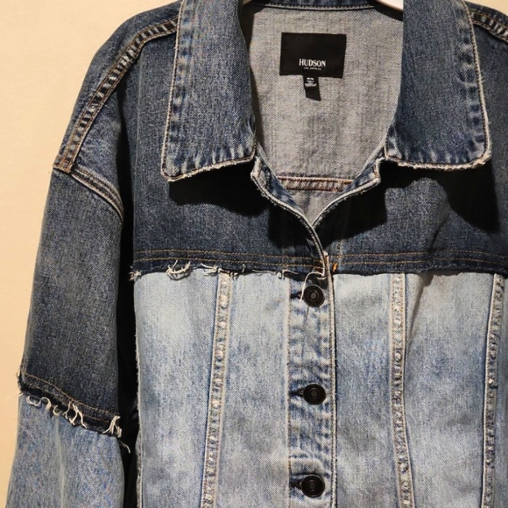 ❤️ HUDSON JEANS TWO-TONE OVERSIZED DISTRESSED DENIM JEAN JACKET, MEDIUM - Picture 3 of 12